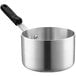 A silver aluminum Choice sauce pan with a black silicone handle.