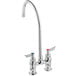 A silver Waterloo deck-mount faucet with two handles and a gooseneck spout.
