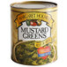 A #10 can of Margaret Holmes chopped mustard greens on a table.
