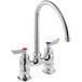 A silver Waterloo deck-mount faucet with red and blue knobs.