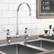 A Waterloo deck-mount faucet with gooseneck spout on a metal counter above a sink.