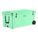 A seafoam green CaterGator outdoor cooler with wheels and a lid.