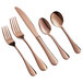 A close-up of a set of rose gold Acopa Vernon flatware, including a fork, spoon, and knife.