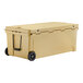 A beige CaterGator outdoor cooler with black wheels.