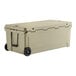 A tan CaterGator outdoor cooler with black wheels.