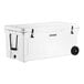 A white CaterGator outdoor cooler with black wheels and handles.