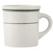 A white mug with a green stripe and green lines on the handle.