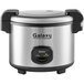 A silver and black Galaxy rice cooker with lid and handle.