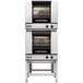 A Moffat stainless steel double deck electric convection oven with both doors open.