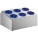 A silver and blue metal flatware organizer with six blue perforated plastic cups.
