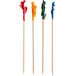 Wooden toothpicks with colorful plastic frills on the ends in red, blue, yellow, and green.