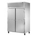 A True stainless steel 2 section heated holding cabinet with solid doors.