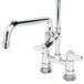 A chrome Equip by T&S deck mounted pre-rinse faucet with two handles.