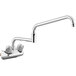 A Regency wall mount faucet with a double-jointed spout and chrome finish.