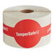 A roll of white and red tape with round white TamperSafe labels and red bands.