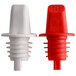Two red and white plastic Tablecraft wine pourers with built-in screens.