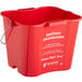 A red San Jamar sanitizing bucket with white text.