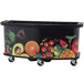 A black Cambro vending cart with a laminated wrap of fruits and vegetables.