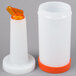 A white plastic Carlisle Store 'N Pour container with an orange lid and cap.