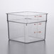 A square clear plastic Cambro food storage container with red writing.
