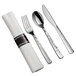 White plastic dinnerware settings with classic hammered flatware including a fork and spoon.