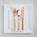 A Visions white plastic plate with silver flatware on it.