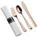 White napkin with rose gold Visions Classic Rolled flatware.