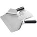 A stainless steel dual handle scoop with black handles.
