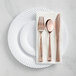A white Visions plastic plate with Classic flatware on it.