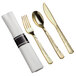 White plastic dinnerware and silverware with gold accents, including a fork, knife, and spoon.