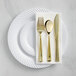 A white Visions plastic plate with gold Classic flatware on it.
