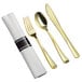 White and gold Visions plastic dinnerware and classic rolled flatware with a fork and spoon.