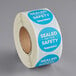 A roll of 500 TamperSafe blue and white paper drink labels with a sealable design.