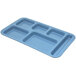 A blue Carlisle melamine tray with six compartments.