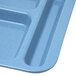 A blue Carlisle melamine tray with six compartments.