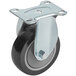 A black rigid plate caster with a metal wheel.