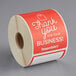 A roll of red paper TamperSafe labels with white text that says "Thank You For Your Business"