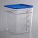 A Vigor clear polycarbonate food storage container with a blue lid.