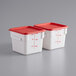 Two white Choice polypropylene containers with red lids.