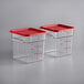 Two Vigor square clear polycarbonate food storage containers with red lids.