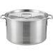 A silver aluminum Choice sauce pot with handles and a lid.