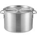 A silver aluminum Choice sauce pot with handles and a lid.