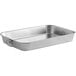 A silver rectangular aluminum baking and roasting pan with handles.