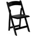 A black Flash Furniture folding chair with a wooden seat and black cushion.