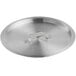 A silver aluminum lid for a pot or pan with a handle.