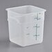 A translucent plastic square food storage container with green measurement lines and a handle.