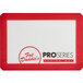 A red and white silicone baking mat with black Fat Daddio's logo