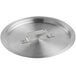 A silver aluminum lid with a metal handle.