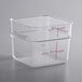 A clear square plastic Carlisle food storage container with measurements in pink.