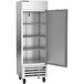 A silver Beverage-Air reach-in refrigerator with open doors on a white background.